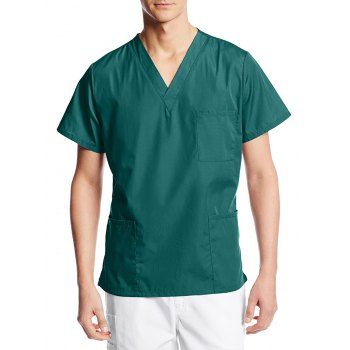 V Neck Pockets Short Sleeve Scrub Shirt, Green
