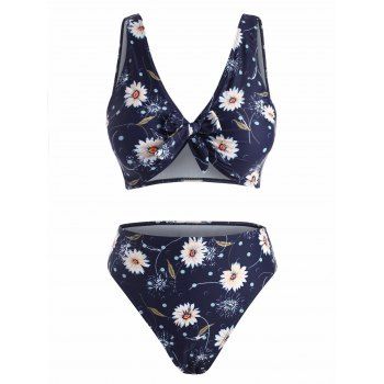 

Sunflower Floral Print Knot High Leg Bikini Swimwear, Deep blue