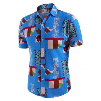 

Irregular Geo Print Button Up Ethnic Linen Shirt, Multicolor b
