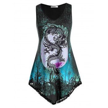 

Plus Size Dragon Print Oriental Tank Top, Blue