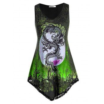 

Plus Size Dragon Print Oriental Tank Top, Green