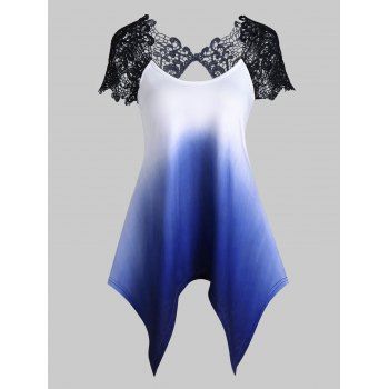 

Lace Crochet Insert Ombre Sheer Cutout Handkerchief T-shirt, Blue