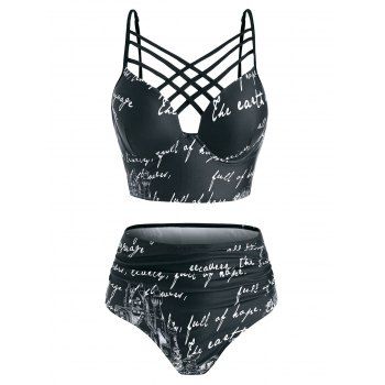 

Letter Graphic Push Up Caged Corset Style Tankini Swimwear, Black