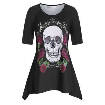 

Plus Size Raglan Sleeve Rose Skull Print T Shirt, Black