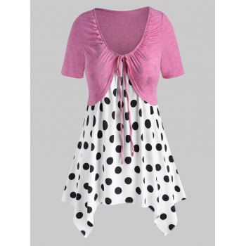 

Plus Size Tied Tee and Polka Dot Handkerchief Top Set, Light pink
