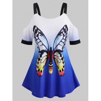 

Open Shoulder Butterfly Ombre Plus Size Top, Blue