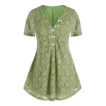 

Plus Size Lace V Notch Short Sleeve Tunic Tee, Clover green