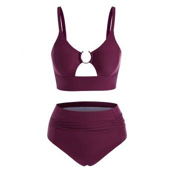 

U-bar Cutout Ruched Tankini Swimwear, Plum pie