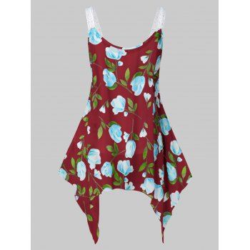 

Plus Size Floral Print Lace Cami Tank Top Set, Red wine