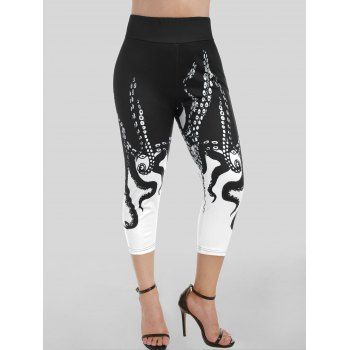 

High Waisted Octopus Print Capri Skinny Leggings, Black