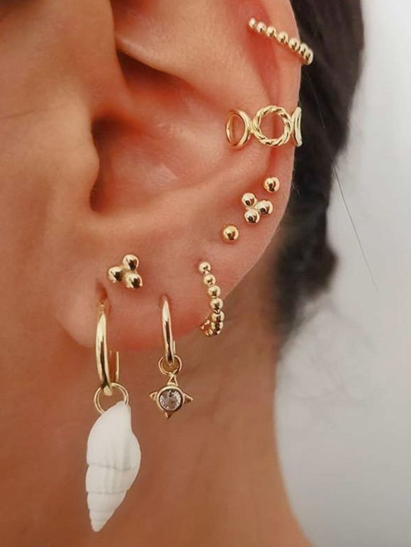 Conch Beads Stud And Ear Cuff Earring Set - GOLD 