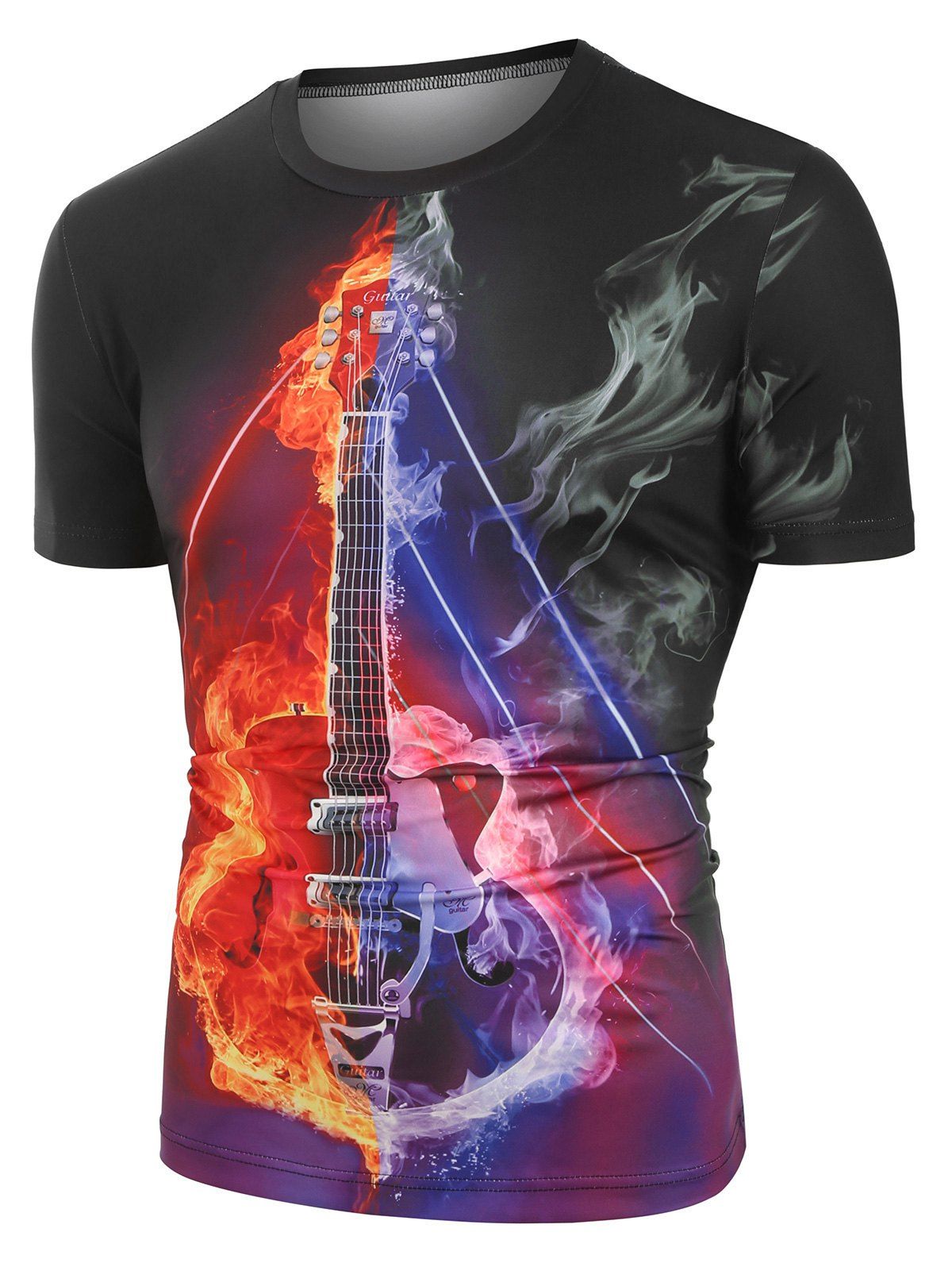 T-shirt Décontracté Graphique Guitare en Feu à Col Rond - Noir S