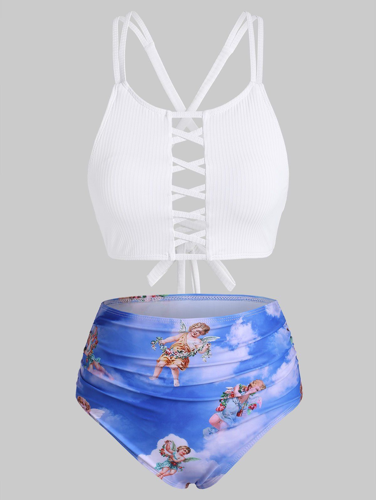 Maillot de Bain Bikini Côtelé à Imprimé Ange en Treillis à Volants - Blanc S