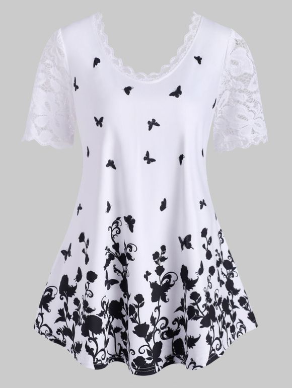 T-shirt Fleuri Papillon Imprimé en Dentelle Insérée de Grande Taille - Blanc 3X