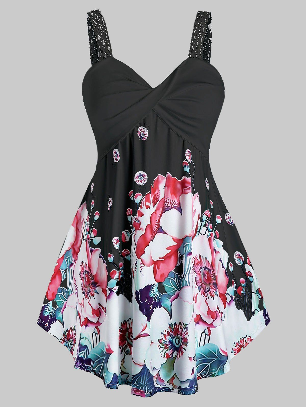 

Plus Size Floral Print Twist Tank Top, Black