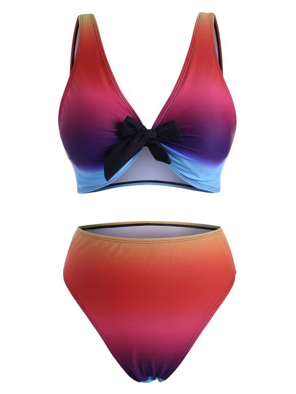 Maillot de Bain Bikini Teinté Ombré Noué à Coupe Haute - Rose clair 2XL