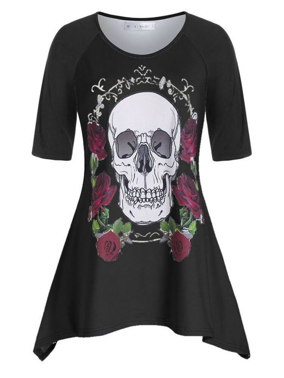 T-shirt Crâne et Rose Imprimées de Grande Taille à Manches Raglan - Noir 3X