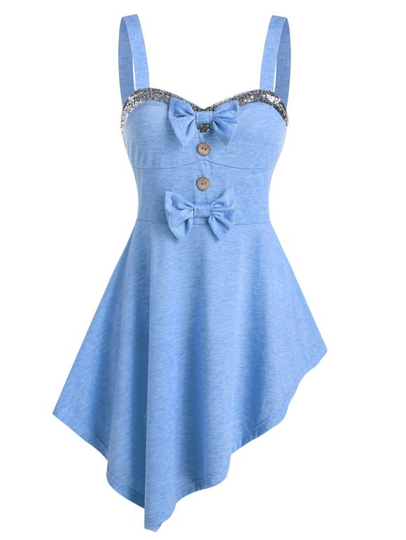 Débardeur Asymétrique Noué Panneau à Paillettes - Bleu 3XL