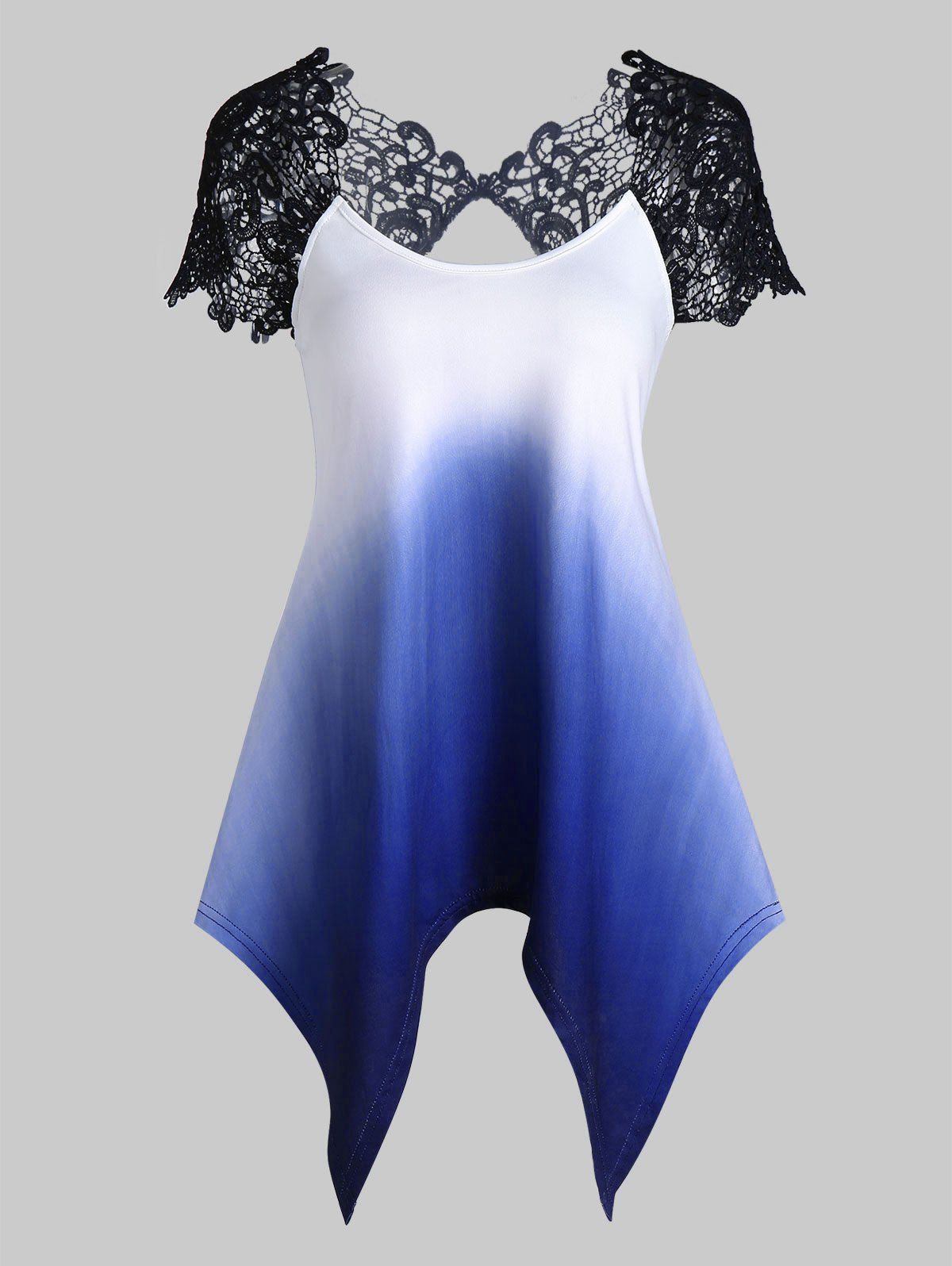 Lace Crochet Insert Ombre Sheer Cutout Handkerchief T-shirt - BLUE S