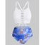 Ribbed Lattice Angel Print Ruched Bikini Swimwear - WHITE S