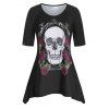 T-shirt Crâne et Rose Imprimées de Grande Taille à Manches Raglan - Noir L