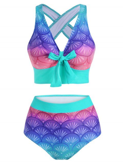Beach Mermaid Print Swimsuit Criss Cross Bowknot Corset Tankini Swimwear