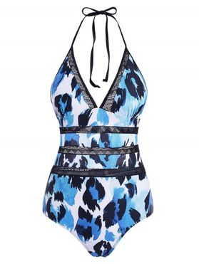 Plunge Leopard Swimwear Backless Crochet Panel Halter One-piece Swimsuit
