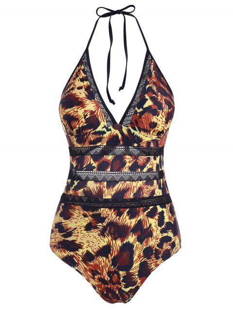 Plunge Leopard Swimwear Backless Crochet Panel Halter One-piece Swimsuit