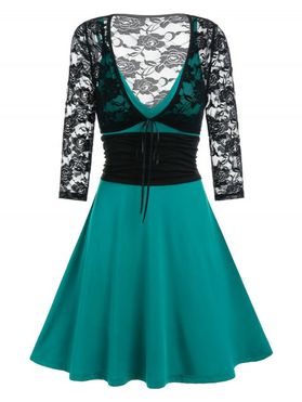 Ruched Colorblock Cami Dress and Lace Sheer Long Sleeve Top See Thru Fit and Flare Dress Set