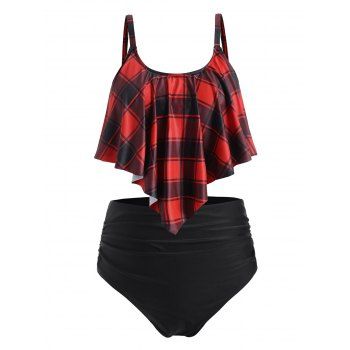 

Plus Size Plaid Flounce High Waisted Tankini Swimwear, Red