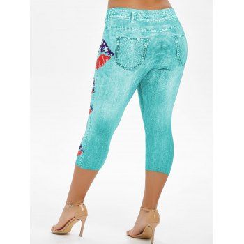 

Plus Size Lip Print American Flag Cropped Jeggings, Green