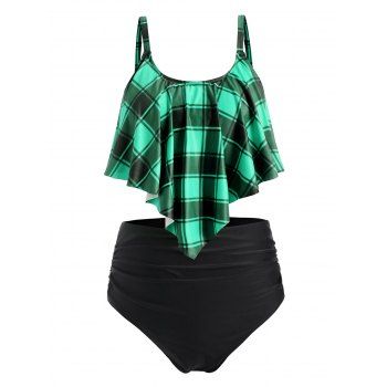 

Plus Size Plaid Flounce High Waisted Tankini Swimwear, Light green