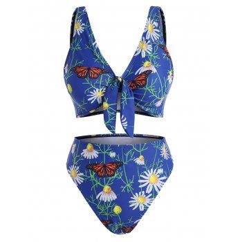 

Daisy Butterfly Floral Leaf Print High Leg Bikini Swimwear, Blue