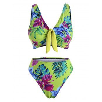 

Daisy Butterfly Floral Leaf Print High Leg Bikini Swimwear, Green