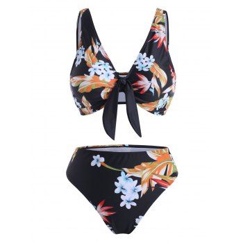 

Sunflower Floral Print Knot High Leg Bikini Swimwear, Black