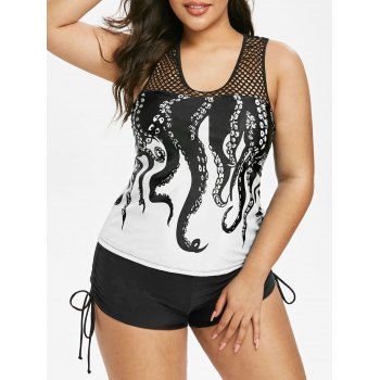 

Plus Size Fishnet Insert Octopus Print Racerback Tankini Swimwear, White