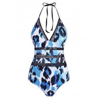 

Plunge Leopard Swimwear Backless Crochet Panel Halter One-piece Swimsuit, Blue