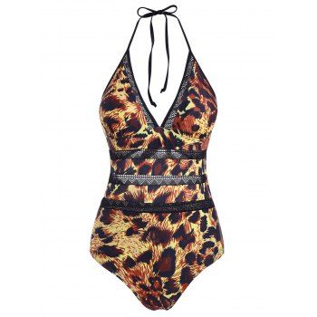 

Plunge Leopard Swimwear Backless Crochet Panel Halter One-piece Swimsuit, Deep yellow