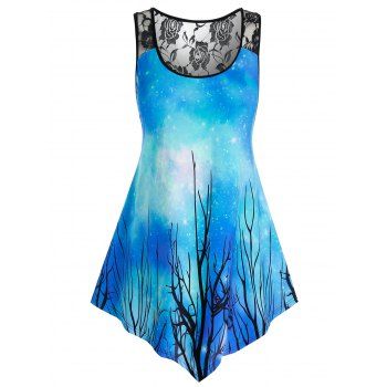 

Plus Size Galaxy Lace Panel Racerback Asymmetrical Hem Tank Top, Blue