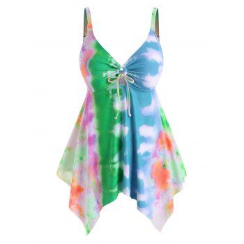 

Plus Size Cinched Tie Dye Handkerchief Tankini Swimwear, Multicolor