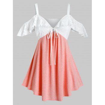 

Plus Size Embroidery Eyelet Open Shoulder Flounce Top, Multicolor