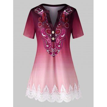 

Plus Size Ombre Paisley Print Guipure Lace Short Sleeve Tee, Red