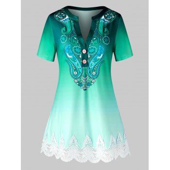 

Plus Size Ombre Paisley Print Guipure Lace Short Sleeve Tee, Deep green