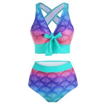 

Beach Mermaid Print Swimsuit Criss Cross Bowknot Corset Tankini Swimwear, Multicolor