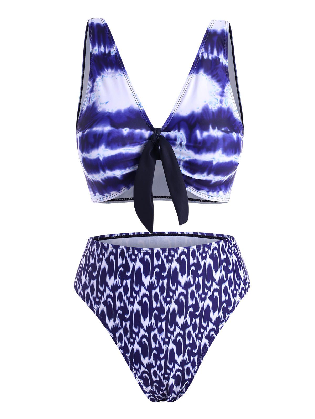 Maillot de Bain Bikini Teinté Ombré Noué à Coupe Haute - Bleu S