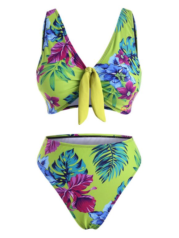 Maillot de Bain Bikini à Imprimé Marguerite Fleur et Papillon à Jambe Haute - Vert 2XL