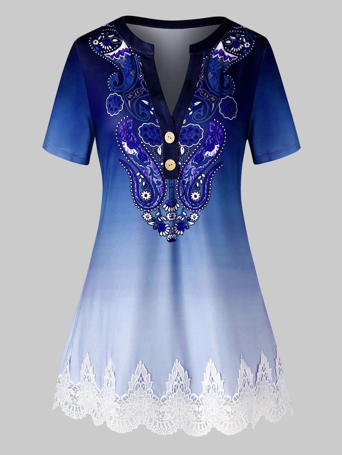 Plus Size Ombre Paisley Print Guipure Lace Short Sleeve Tee - COBALT BLUE 1X