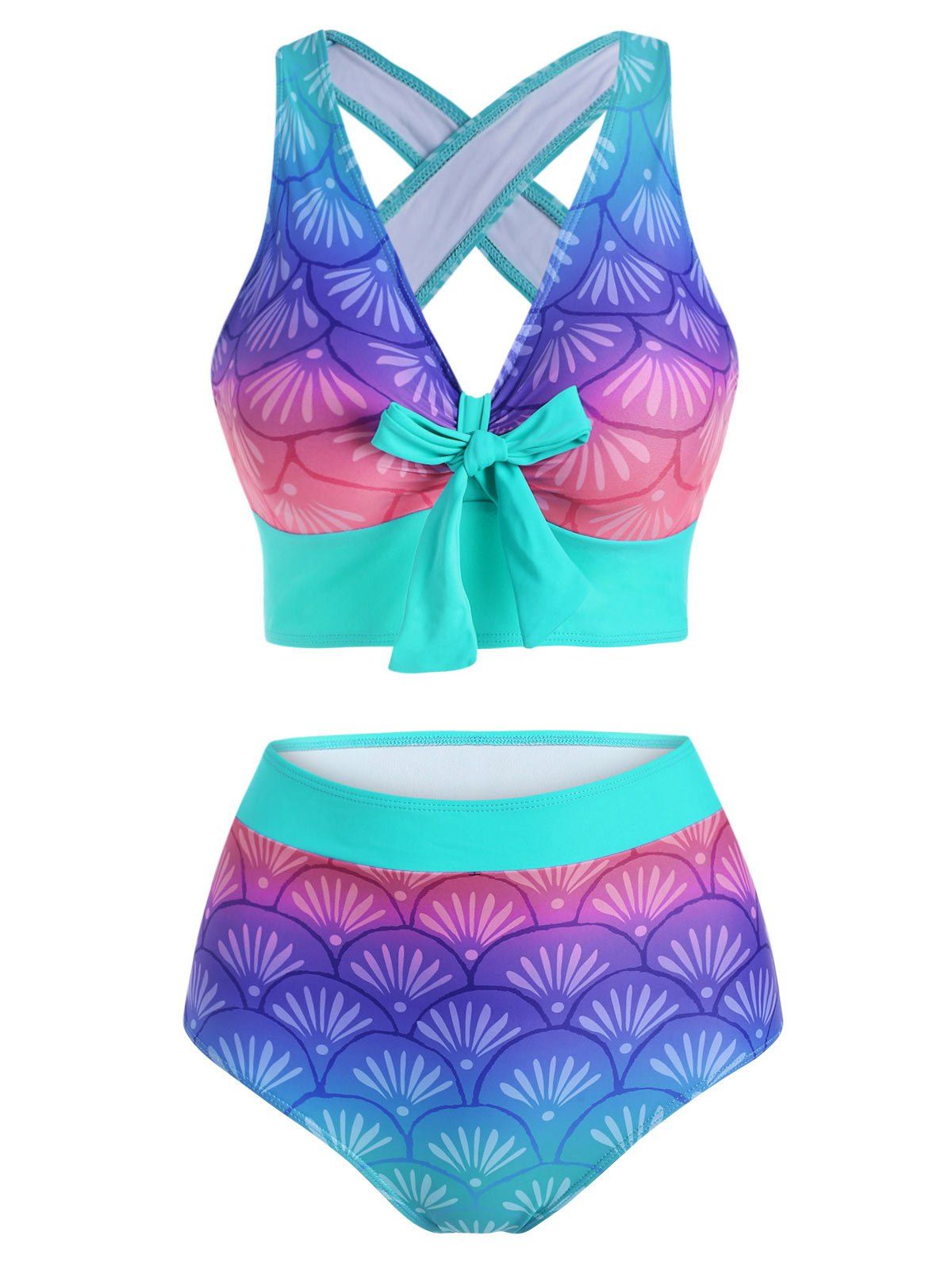 Beach Mermaid Print Swimsuit Criss Cross Bowknot Corset Tankini Swimwear - multicolor 2XL