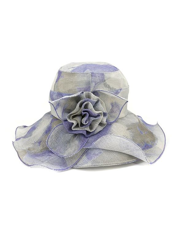 Chapeau de Soleil de Plage Large Bord Motif de Fleur en Couleur d'Eau - Bleu 