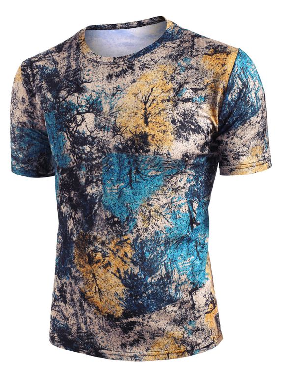 T-shirt à Imprimé Arbre Vintage à Col Rond à Manches Courtes - Turquoise Foncée 3XL